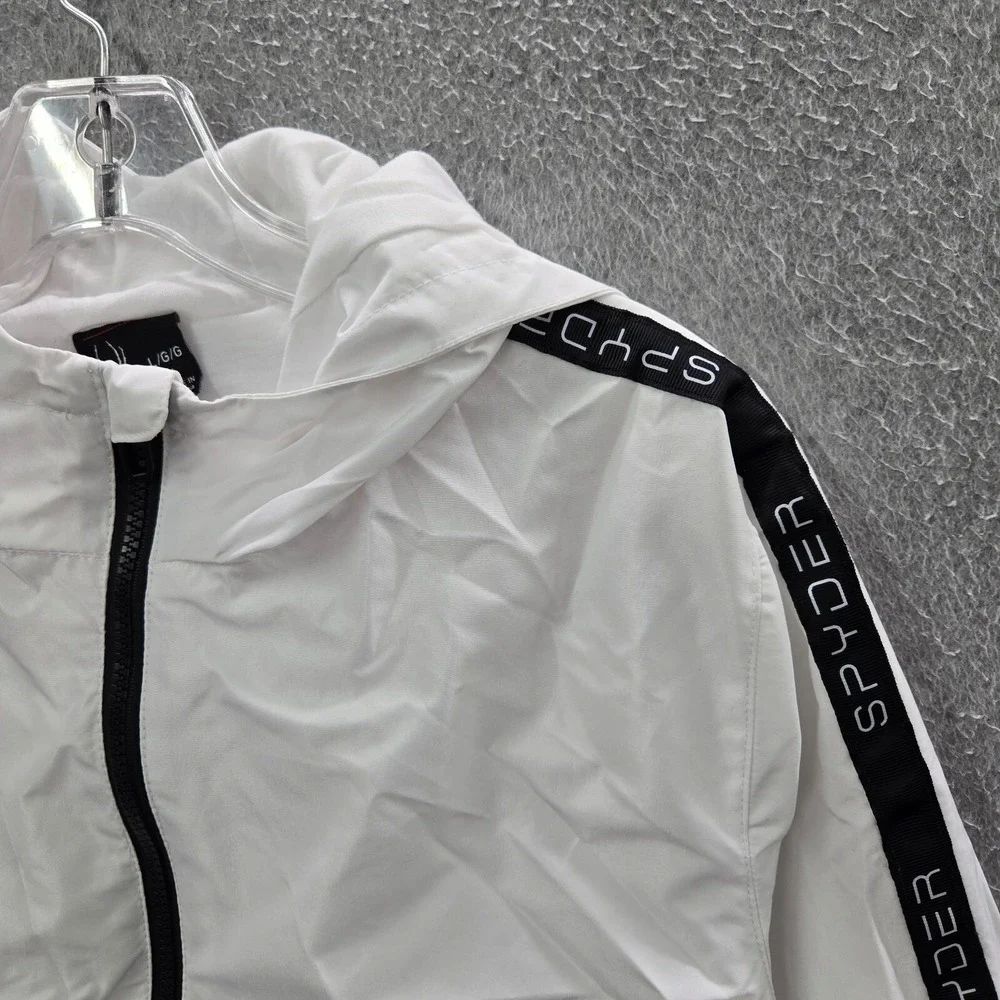 Spyder Men Jacket Large White Windbreaker Hooded‎ Logo Polyester Long Sleeve